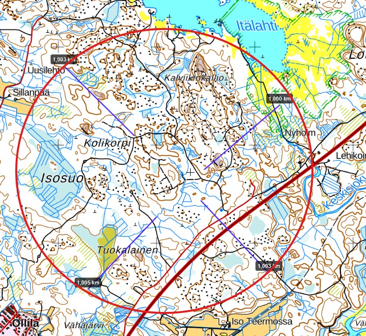 Kartta Porin Noormarkun alueesta – noin yhden kilometrin säde suunnitellun TNT-tehtaan ympärillä.