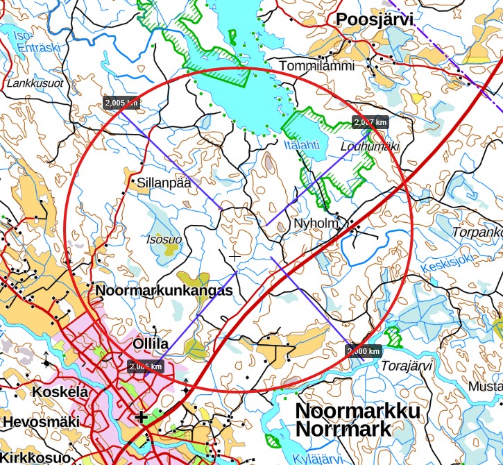 Kartta Porin Noormarkun alueesta, jossa punainen ympyrä näyttää noin kahden kilometrin alueen suunnitellun TNT-tehtaan ympärillä Poosjärven läheisyydessä.