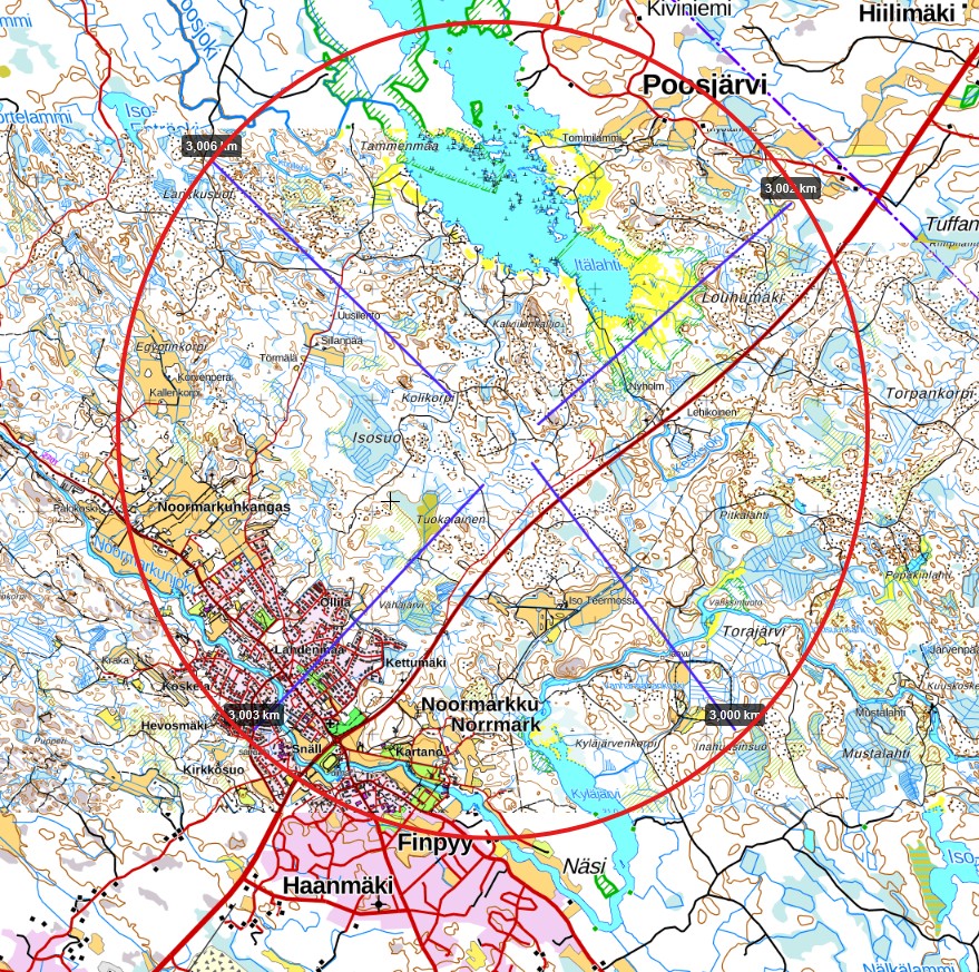 Kartta Porin Noormarkun ja Poosjärven alueesta, jossa punainen ympyrä näyttää noin kolmen kilometrin alueen suunnitellun TNT-tehtaan ympärillä.