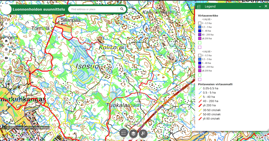 Kartta Porin Noormarkun alueesta ja pintavesien virtausmallista TNT-tehdashankkeen ympäristössä.