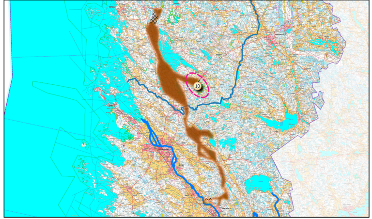 Kartta Satakunnan viherkäytävästä H, joka kulkee Poosjärven ja Noormarkun metsäalueiden kautta ja jonka keskelle suunniteltu tehdas sijoittuisi.